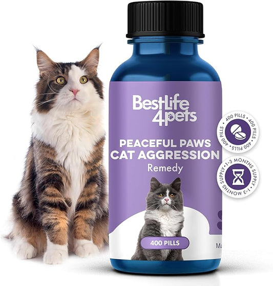 Anti Aggression for Cats Calming Remedy, A Natural Diffuser and Cat Calming Aid for Stress, Spiteful Spraying, Scratching & Territorial Behavior, Non-Drowsy, 400 Odorless, Tasteless Pills-PawvioPets