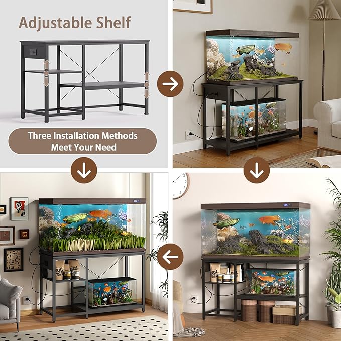 50-75 Gallon Fish Tank Stand with Power Outlet & LED Light, Metal Aquarium Stand with 3 Tier Adjustable Storage Shelves, Tank Stand for Reptile Tank, Turtle Tank, 52" L*19.5" W, Black-PawvioPets