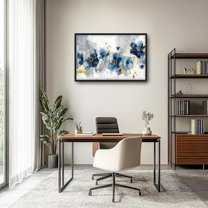 Extra Large Framed Abstract Blue Flower Wall Art,Oversized Golden Grey Floral Wall Decor Pictures for Living Room,Canvas Print Painting Modern Artwork Bedroom Office Bathroom Home Decor 36L" x 24W"-PawvioPets