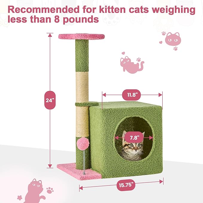 24 Inch Cat Tree Condo for Indoor Cats with Floral Sisal Scratching Post, Plush Hang Ball Play Furniture for Kittens Cats, Pink-PawvioPets