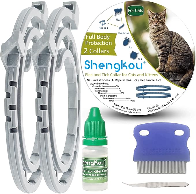 Flea and Tick Collar for Cats, Natural Plant-Based Ingredients for Treatment and Prevention, Safe and Waterproof, with Free Flea Comb, Tick Tweezer, and Treatment Prevention Drops, 13.8 in (2 Packs)-PawvioPets