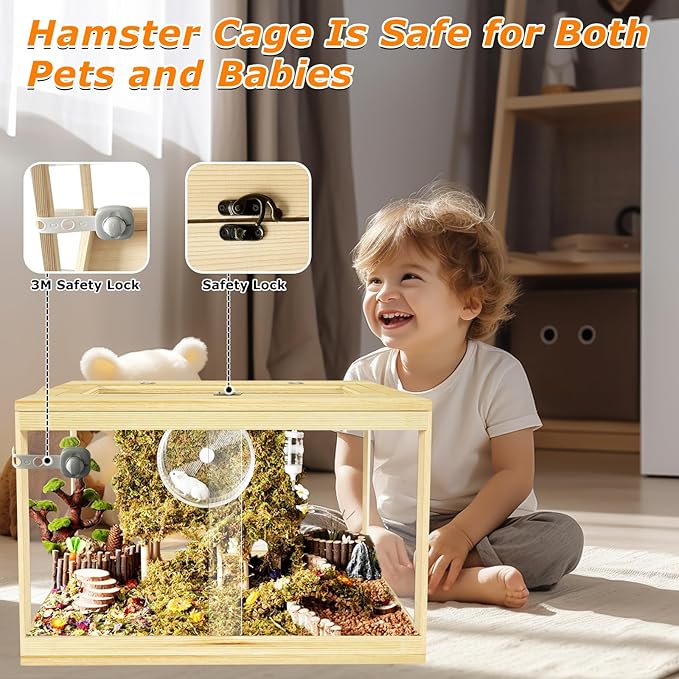 24" Hamster Cage, Lockable Sliding Door Gerbil Cage, Dwarf Hamster Cage with Metal Mesh Roof, Mice and Small Animal Habitat, Chewproof Syrian Hamster Enclosure, (Wooden, 24" L x 16" W x 16" H)-PawvioPets