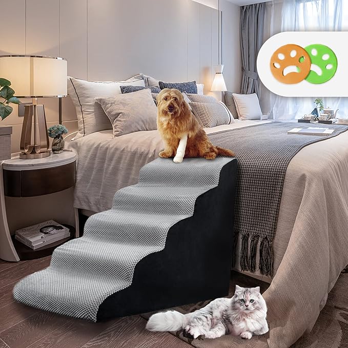 Curved Dog Stairs 24 inches High, Dog Ramp Stairs for Small Dogs for High Beds 20-25 inches Tall, 30D Foam Dog Steps for Beds 24 inches, Pet Stairs/Steps for Old Dogs Cats, Grey-PawvioPets
