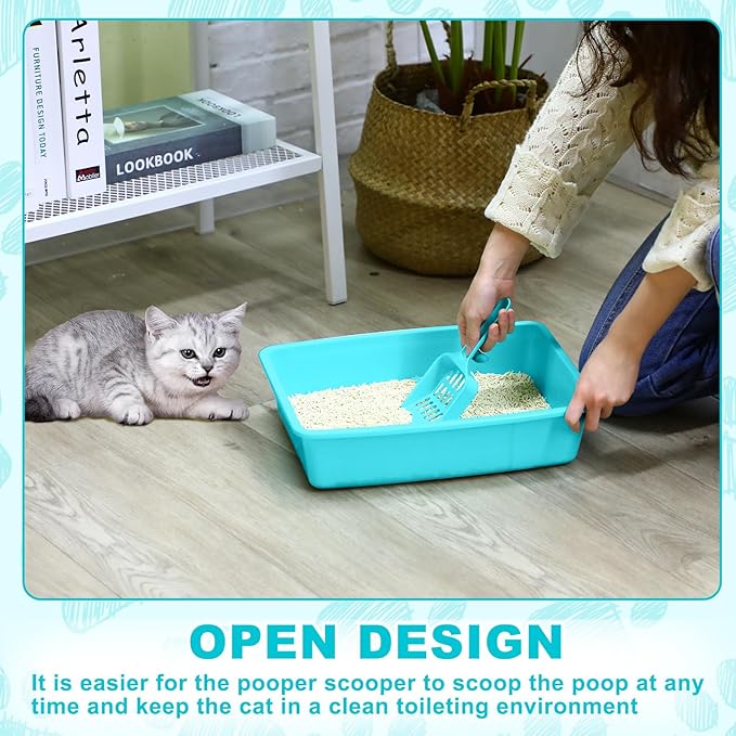 Amyhill 5 Pcs Open Cat Litter Box Kitten Litter Pan with 5 Scooper Medium Plastic Pet Tray Durable Nonstick Kitten Box for Indoor Pets Cats Rabbit Supply Easy to Clean, 14.6x10.6x3.4 Inch (Blue)-PawvioPets