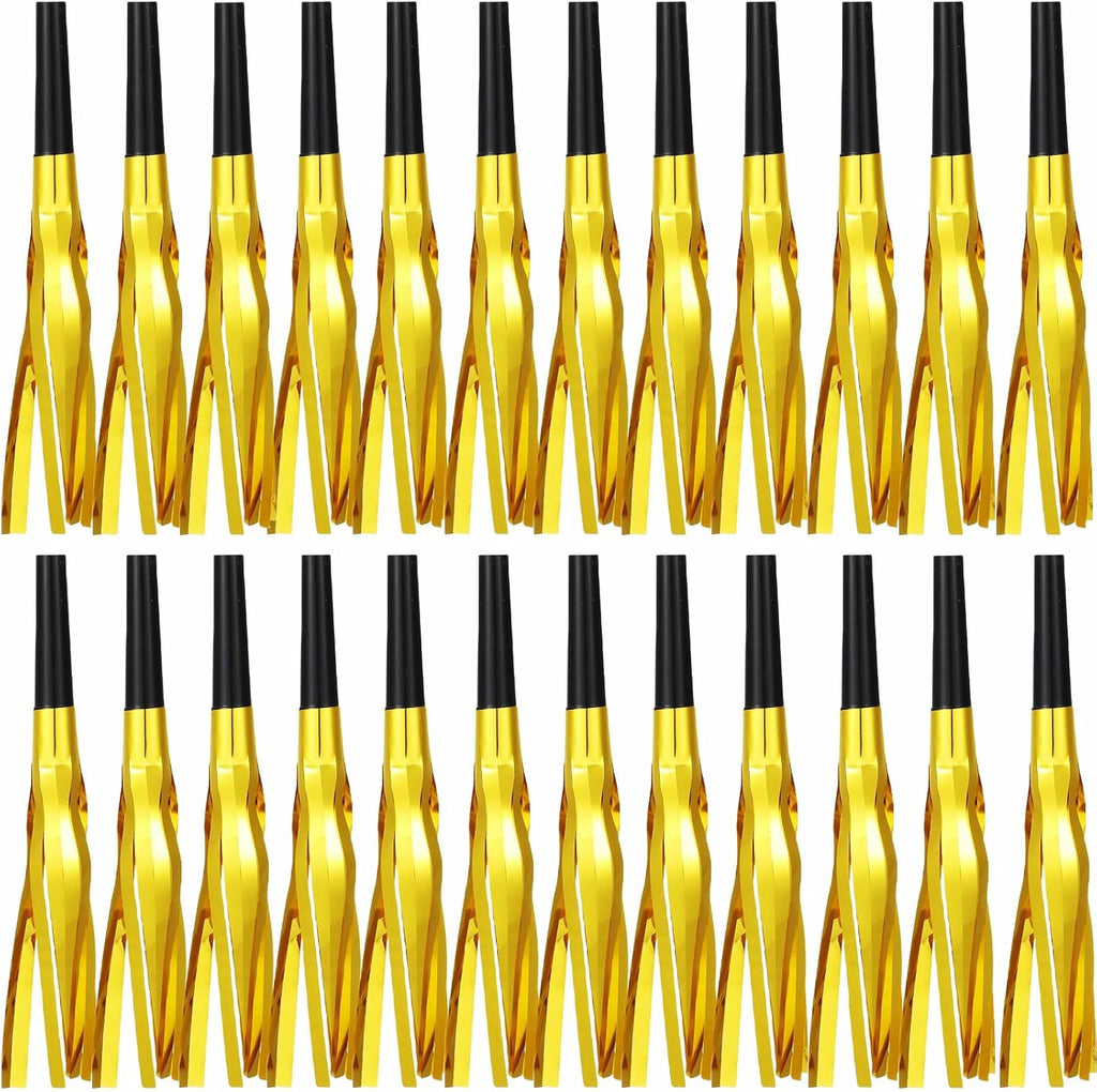 24 Pcs Gold Noise Makers Glitter Metallic Fringed Noise Makers Horns for Baby Shower, Kids Birthday, New Year Party Favor - Gold
