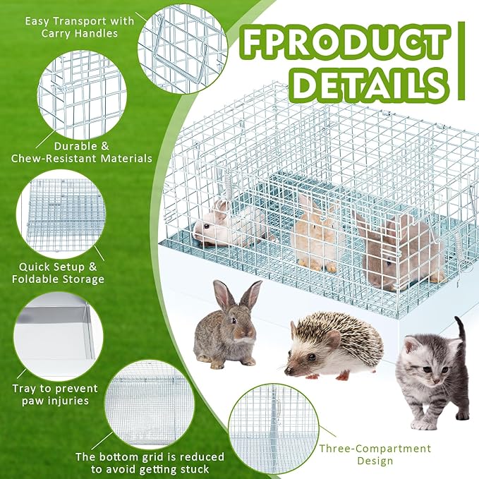 Folding Rabbit Cage, 18 x 12 x 10 in Portable Bunny Carrier with Tray and Handles for Transport, Travel or Temporary Housing, Indoor Outdoor Pet Habitat Animal Enclosure-PawvioPets