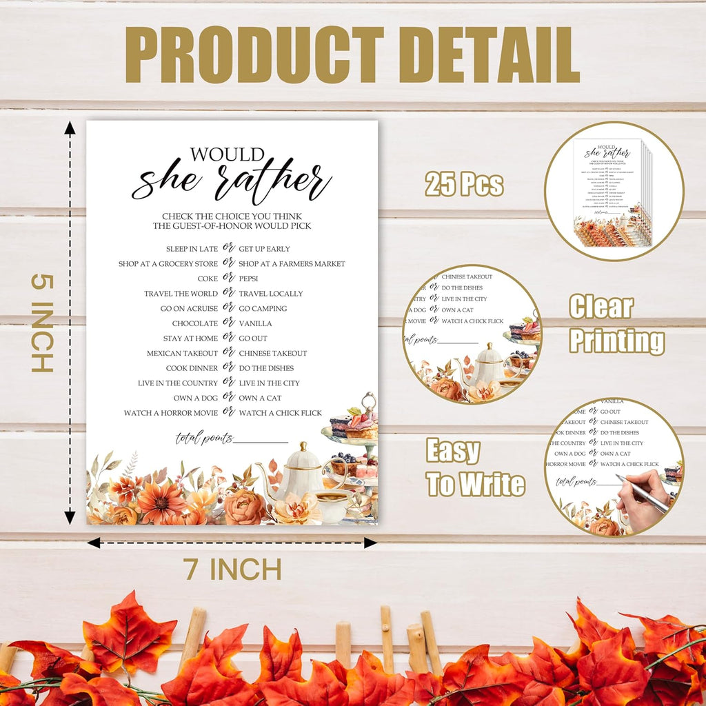 Fall Bridal Shower Games Cards, Would She Rather Wedding Bachelorette Party Games, Fall in Love Bridal Shower Decorations, 25 Cards, G01
