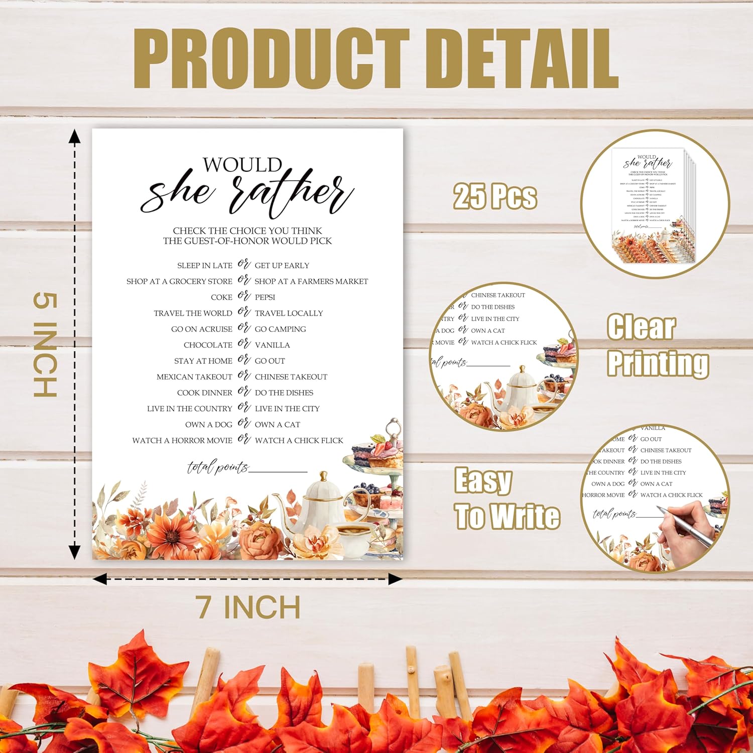 Fall Bridal Shower Games Cards, Would She Rather Wedding Bachelorette Party Games, Fall in Love Bridal Shower Decorations, 25 Cards, G01