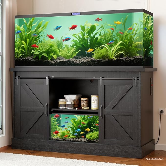 Fish Tank Stand Up to 75 Gallon, Aquarium Stand with Sliding Barn Doors & Power Outlet, Black Farmhouse Style Stand with Cabinet Storage for Fish Tank, Turtle Tank, Reptile Terrarium,1000LBS Capacity-PawvioPets