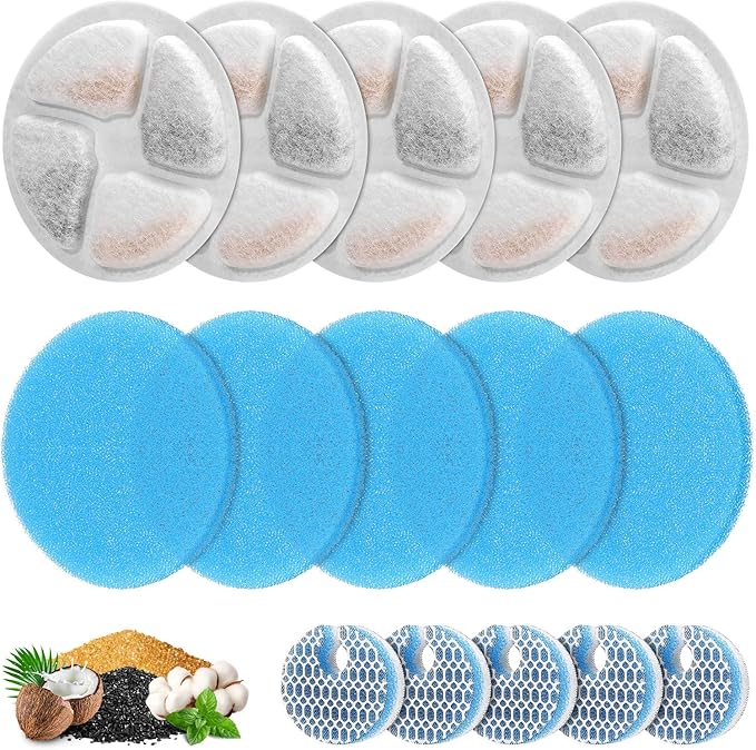 5 Set Cat Water Fountain Filter Replacement for Round 2L/67oz Stainless Steel Cat Fountain, ZEKIRY Pet Fountain Filter, Triple Filtration Replacement Filters(5 Filter, 5 Sponge, 5 8D Sponge)-PawvioPets
