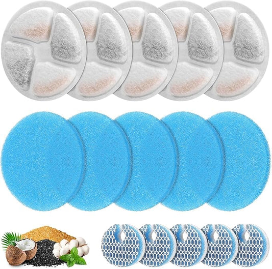 5 Set Cat Water Fountain Filter Replacement for Round 2L/67oz Stainless Steel Cat Fountain, ZEKIRY Pet Fountain Filter, Triple Filtration Replacement Filters(5 Filter, 5 Sponge, 5 8D Sponge)-PawvioPets