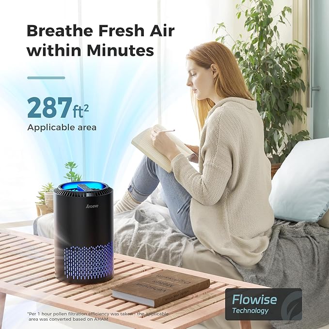 AROEVE Air Purifiers for Bedroom Home, Air Purifier For Smoke Pollen Dander Hair Smell Air Cleaner with Sleep Mode Speed Control For Bedroom Office, MK01- Black(Available for California)-PawvioPets