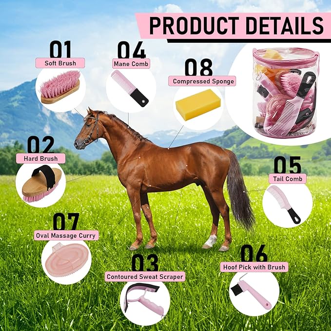 9 Pieces Horse Grooming Kit Tack Room Supplies Set with Organizer Tote Bag, Oval Massage Curry, Hard and Soft Brush, Hoof Pick, Sweat Scraper, Bathing Sponge, Combs for Horse Riders Beginners (Pink)-PawvioPets