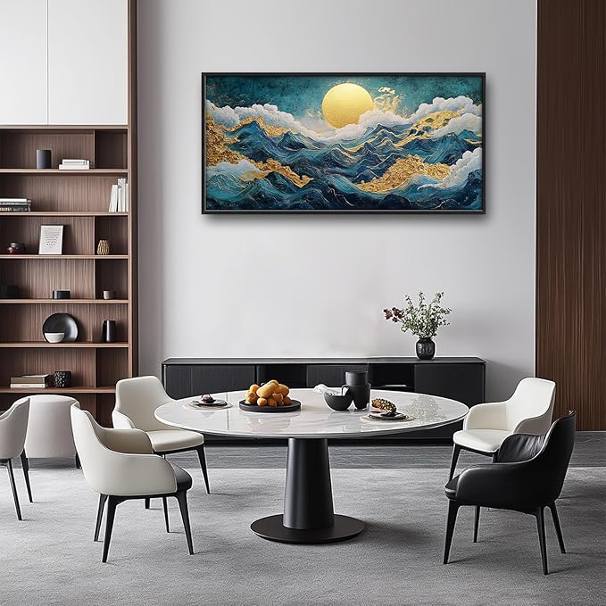 Framed Large Sun Mountain Wall Art, Oversized Teal and Golden Sun Wall Decor for Living Room, Abstract Landscape Canvas Painting Modern Artwork Home Decoration for Living Room Bedroom 60"x30"-PawvioPets