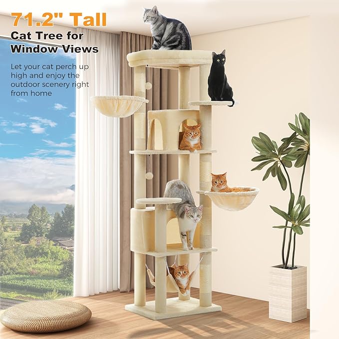 71.2" Tall Cat Tree for Indoor Cats - 9-Level Multi-Cat Tower w/5 Sisal Scratching Posts, 2 Condos, 3 Hammocks, Perch & Pom Poms - Heavy-Duty for Adult Cats, Space-Saving Plush Beige-PawvioPets