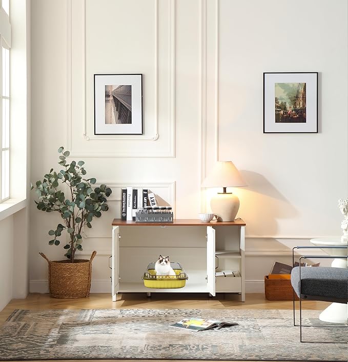 41.3'' Cat Litter Enclosure,Adjustable Shelf for Dog Proof and Storage,Locks Added for Cat, Litter Collector,Small Indoor Cat House,Antique White-PawvioPets