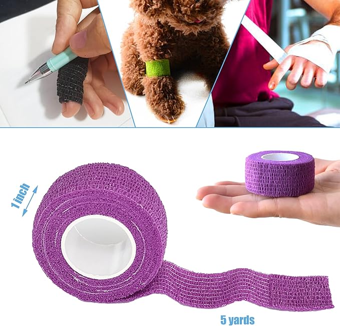 9 Pack 1" x 5 Yards Self Adhesive Bandage Wrap Self Stick Wrap for Ankle, Wrist, Finger, Sports, Breathable Cohesive Vet Tape for Pets (Purple)-PawvioPets