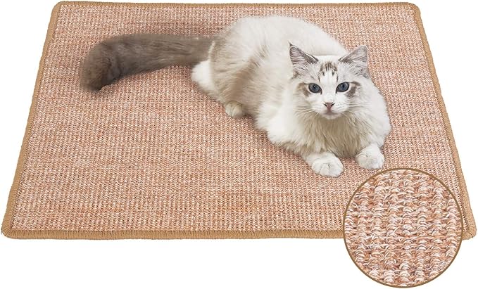 FUKUMARU Cat Scratcher Mat, 23.6 X 31.5 Inch Natural Sisal Cat Scratch Mats, Horizontal Cat Floor Scratching Pad Rug, Protect Carpets and Sofas Brown-PawvioPets