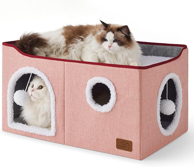Bedsure Large Cat Beds for Indoor Cats - Extra Wide Cat Cube House for Small Pet with Fluffy Ball Hanging and Scratch Pad, Foldable Pet Cave Hideaway for Multiple Cats, 23.6x16.9x13 inches,Pink-PawvioPets