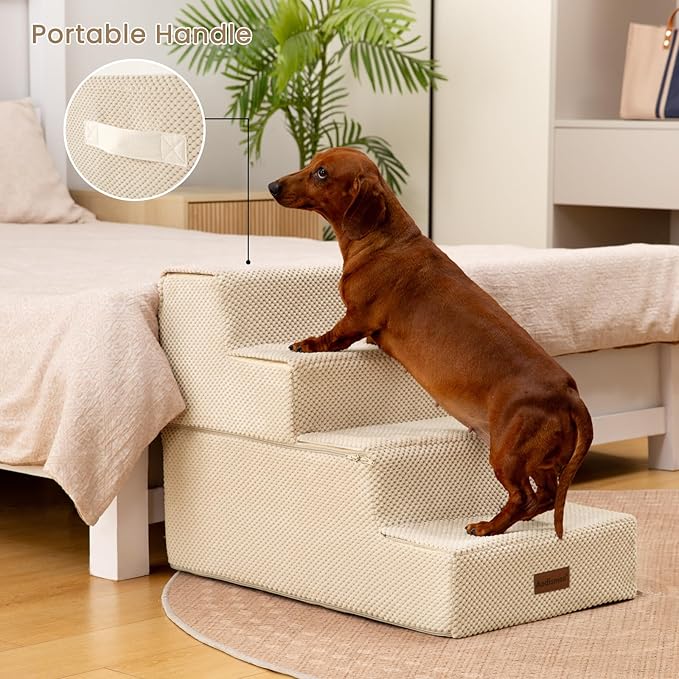 Dog Stairs for Bed 18.5" H, 4-Step Dog Steps for Small Dogs and Cats, Indoor Non-Slip Balanced Pet Stairs are Suitable for Puppy, Older Cat,Beige-PawvioPets