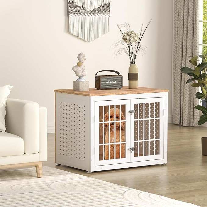 32" Heavy Duty Dog Crate Furniture for Small and Medium Dogs, Metal Kennel for High Anxiety Dogs, Chew Proof Pet Cage Indoor, Decorative Dog Kennel End Table, White-PawvioPets