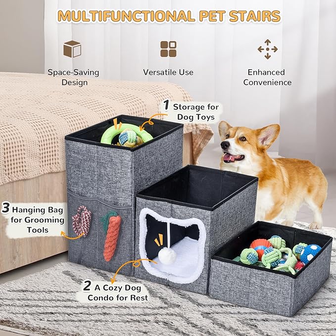 Bilibrara Dog Stairs for Small Dogs, Foldable Pet Steps for High Bed, Non-Slip 3-Step Cat Stairs with Storage, Condo and Fluffy Ball, Small Dog Indoor Ramp for Couch Window, 16'' H-PawvioPets