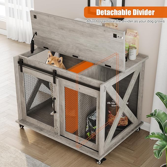 Dog Crate Furniture,37 Inch Indoor Dog Cage with Sliding Barn Door, Flip Top Dog Kennel End Table with Removable Divider, Farmhouse Wooden Pet House for Small to Middle Size Dogs-PawvioPets