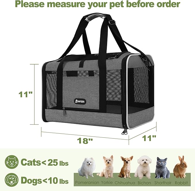 Cat Carrier 18x11x11 Top Load Soft Pet Travel Bag Over 15 lbs, Collapsible Small Dog Puppy Crate 10 Pounds, Small Animal Rabbit Kennel Carrying Case, Kitten Mesh Cage Medium Cat Under 25 Grey-PawvioPets