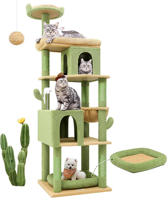 Globlazer Heavy Duty Cactus Cat Tree for Large Cats, Sturdy 72in Maine Coon Cat Tree for Large Cats 20 lbs+ Cactus Cat Tower for Adult Biggest Cats with 6 Scratching Posts, Hammock, S72, Green-PawvioPets