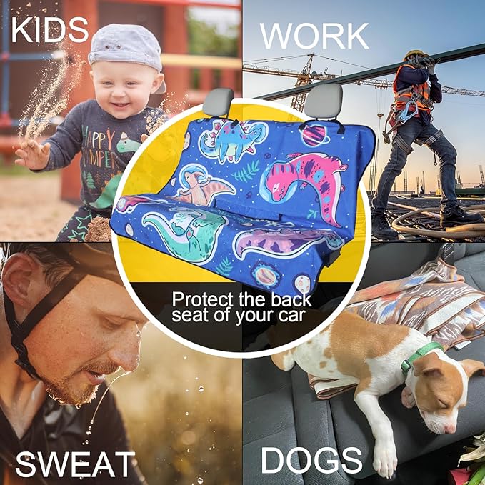 Back Seat Cover for Car Trucks Van SUV,Waterproof Rear Bench Towel Seat Covers for Dogs and Kids,Automotive Backseat Protector (Cartoon Dinosaur)-PawvioPets