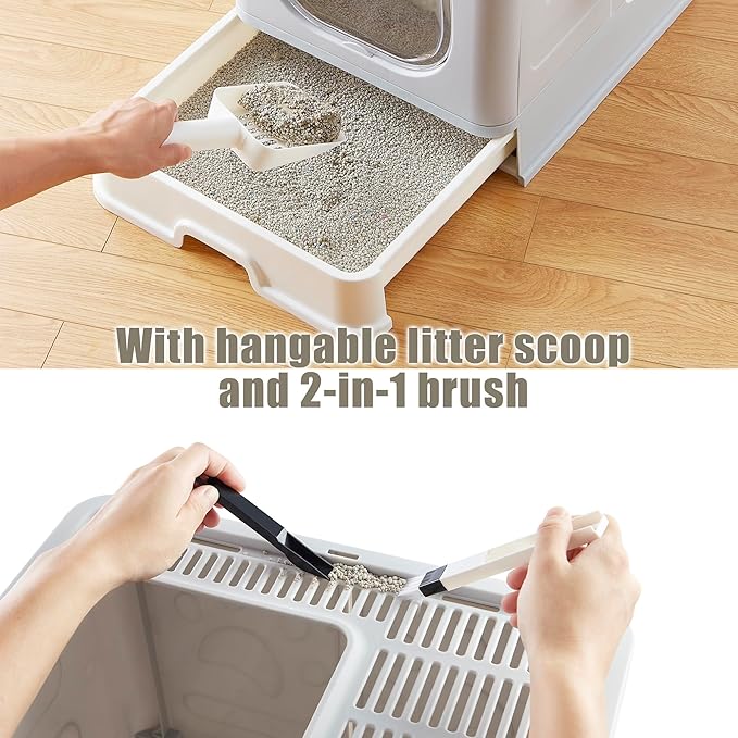 Gefryco Litter Box with Lid for Small to Medium Cats, Enclosed Cat Litter Box with Cover，High Sided Top Entry Cat Box with Brush and Scoop, Cute Kitty Litter Pan with Drawer for Growing Kittens(Grey)-PawvioPets