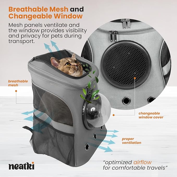 Cat Backpack Carrier, Airline Approved, Space Capsule Bubble Design, Ideal for Cats & Dogs up to 28-35 lbs, with Strong Straps, Safety Zippers, Mesh, Comfortable for Hiking & Travel (Grey)-PawvioPets