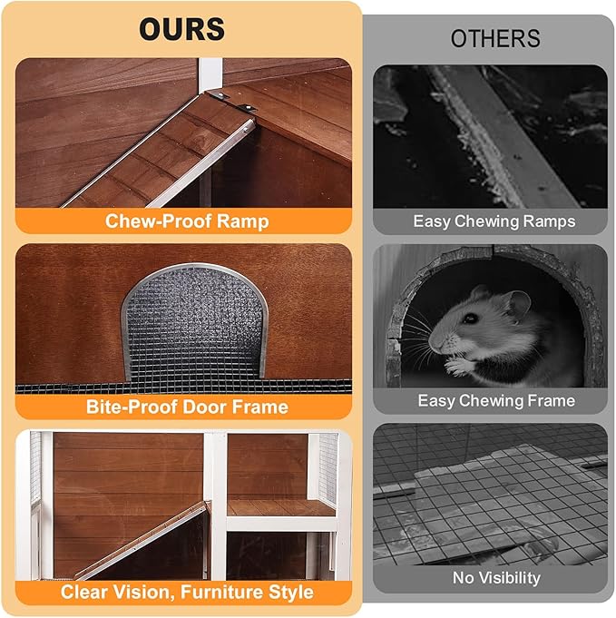 2-Story Guinea Pig Cage with Stand, Indoor Wooden Hamster Cage with Ramp, Pull-Out Tray, Hideout & Platform, Acrylic Transparent Small Animal Habitat for Chinchillas, Ferrets, Hedgehogs, Walnut-PawvioPets