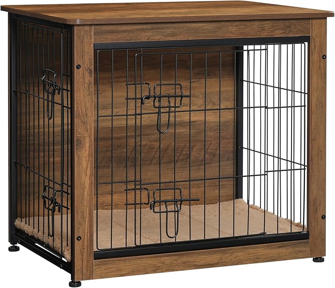DWANTON Dog Crate Furniture with Cushion, Wooden Kennel Table with Double Doors, Indoor Dog House, Small/Medium/Large Size, 27.2" L, Warm Brown-PawvioPets