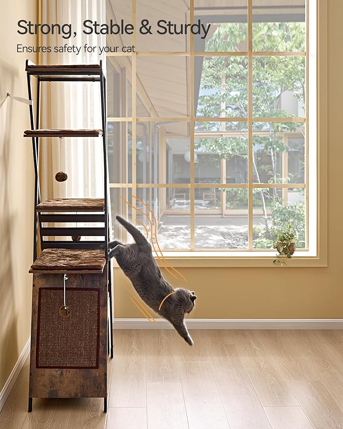 FourFurPets 72.4" Modern Cat Tower for Indoor Cats - Multi-Level Condo With Caves, Tall Tree With Scratching Board, Wooden Tower With Large Perch, Removable Pads, Rustic Brown-PawvioPets