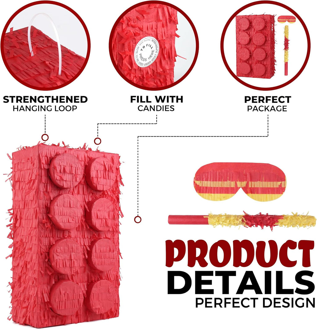 Block Pinata Bundle with a Blindfold and Bat(17 x 11 x 4 Inches), Perfect for Birthday Party Supplies, Building Blocks Theme Birthday, Decoration