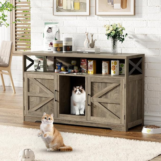 Cat Litter Box Enclosure for 2 Cats, 47" Double Hidden Litter Box Furniture with Scratch Pad, Farmhouse Indoor Litter Box Cabinet Cat Washroom, Grey-PawvioPets