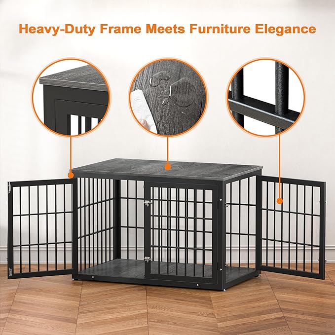 48 Inch Heavy Duty Dog Crate Furniture for Large Dogs, Decorative Pet House End Table, Extra Large Wooden Cage Kennel Furniture Indoor, Black and Gray-PawvioPets
