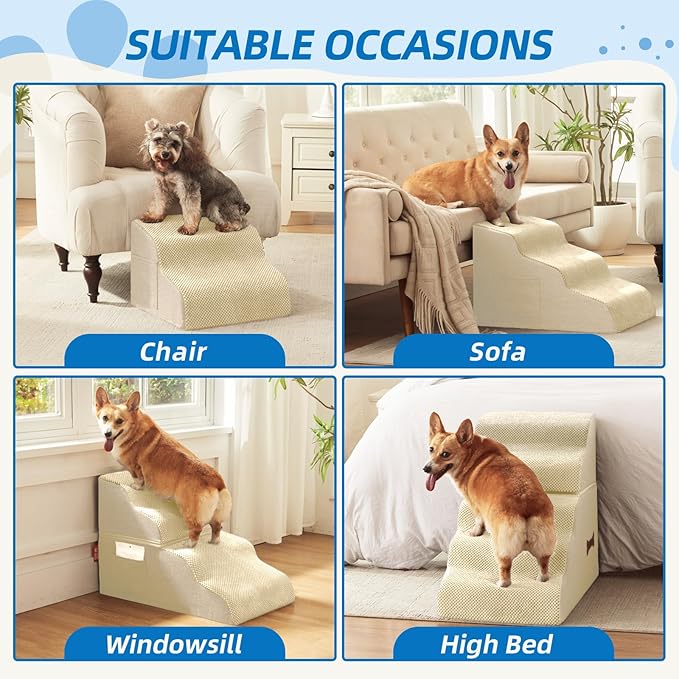 Dog Stairs 3-Step for Small Dogs and Cats to Get on Bed and Furniture/Windows, Pets Can Climb, Sit, or Perch to Look Out Windows, Extra Wide Dog Steps, Non-Slip Waterproof Fabric Cover, Beige（15.7" H）-PawvioPets