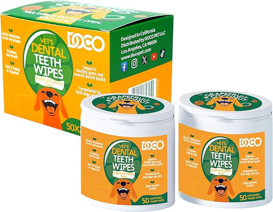 DOCO Dog Teeth Cleaning Wipes Dental Finger Wipes for Cats & Dogs Remove Plaque & Tartar, Freshen Breath, No Rinse, Easy Pet Tooth Cleaning Kit for Oral Care, Coconut & Grapefruit Flavor, 100 Count-PawvioPets