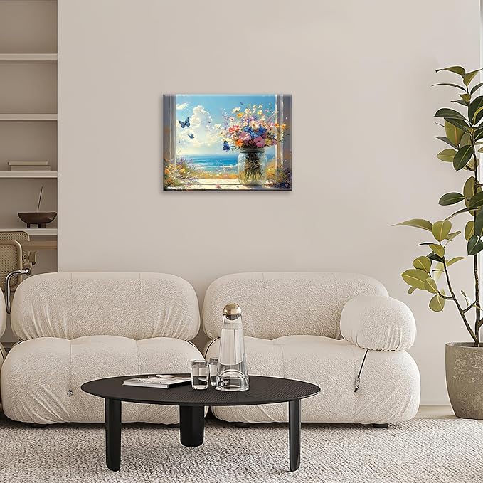 Beach Floral Bathroom Pictures Wall Art, Colorful Flower Bathroom Wall Decor, Coastal Ocean Framed Painting Canvas Artwork for Bedroom Living Room Decorations 20"L x 16"W-PawvioPets