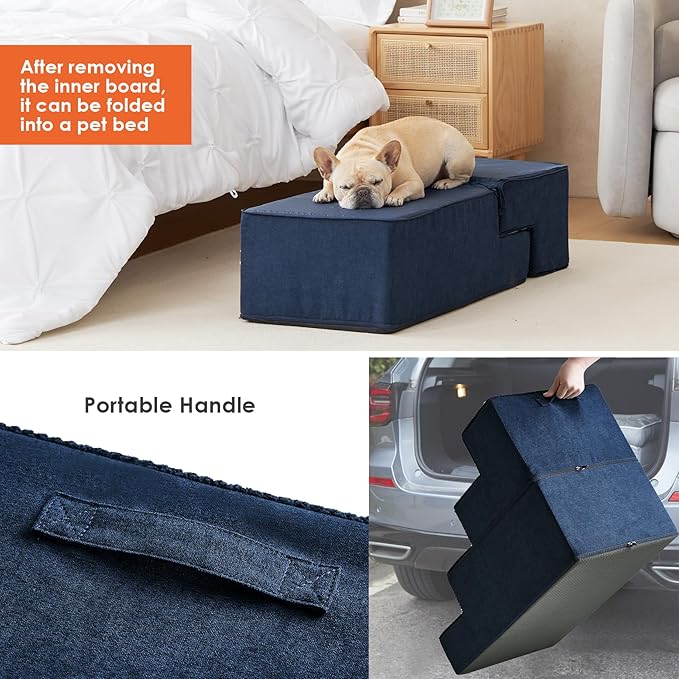 EHEYCIGA Dog Stairs for Bed 20" H, 4-Step Extra Wide Dog Steps for High Bed, Pet Steps for Small Dogs and Cats, Non-Slip Balanced Pet Ramp Indoor, Navy Blue-PawvioPets