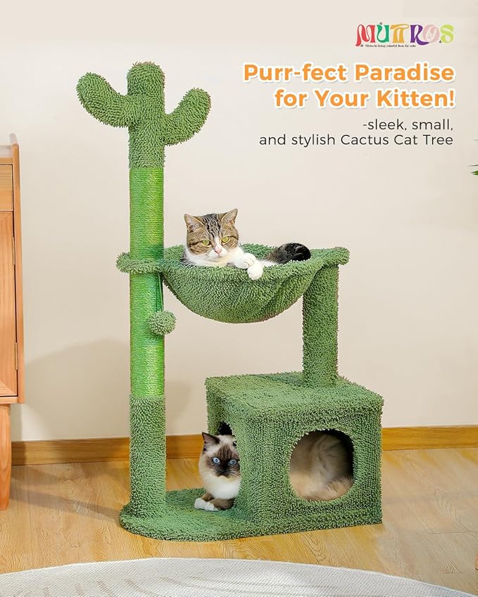 Cactus Cat Tree 40" Cat Tower with Large Metal Carpet Hammock, Cat Scratching Post for Indoor Cats with Condo & Replaceable Toy Ball, Green-PawvioPets