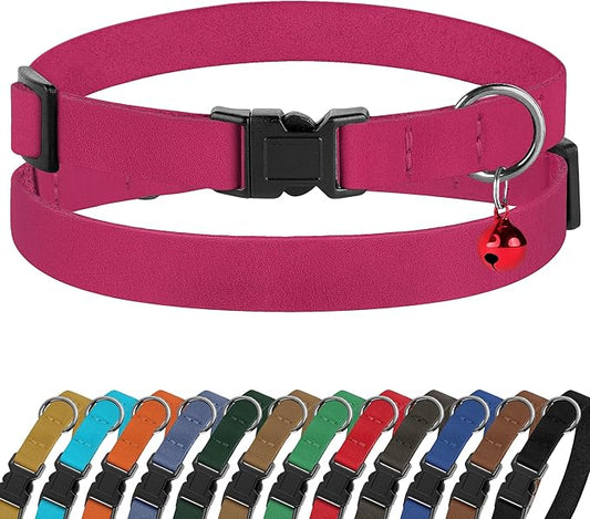 Breakaway Cat Collar Leather with Removable Bell - 13 Colors Available - Soft Adjustable Girl Boy Safety Lightweight Pet Kitten Collars Pink Brown Blue Green Red Orange Black (Pink)-PawvioPets