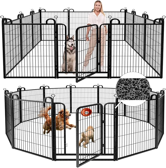 Dog Playpen Outdoor 12 Panels Heavy Duty Dog Fence 40" Height Anti-Rust with Doors Portable for RV Camping Yard, Total 27FT, 58 Sq.ft, Snowy Black-PawvioPets
