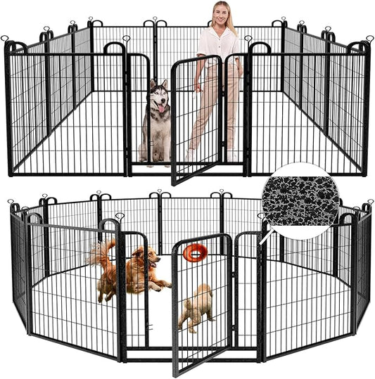 Dog Playpen Outdoor 12 Panels Heavy Duty Dog Fence 40" Height Anti-Rust with Doors Portable for RV Camping Yard, Total 27FT, 58 Sq.ft, Snowy Black-PawvioPets