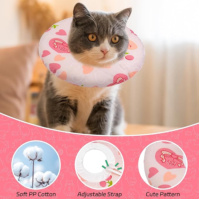 Cat Cone Soft Collar - Adjustable Recovery E Collar for Small, Medium, Large Cats - Cute Donut After Surgery, Anti-Lick Wound Healing Elizabethan for Kittens (Pink Heart, Medium)-PawvioPets