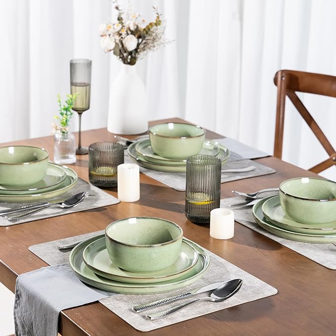 GBHOME Ceramic Dinnerware Sets for 6, 18 Pieces Stoneware Plates and Bowls Sets, Scratch Resistant Dishes, Dishwasher & Microwave Safe-Pastel Green-PawvioPets