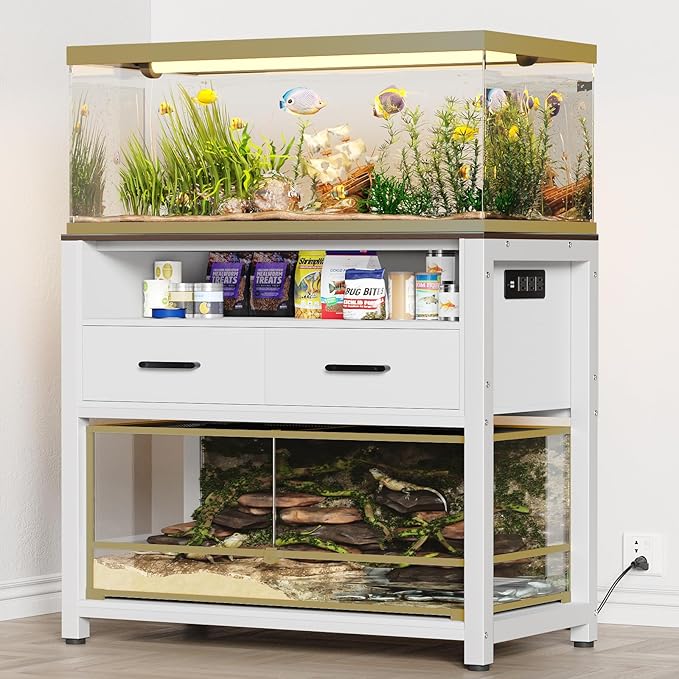 40-50 Gallon Fish Tank Stand with Power Outlet & 2 Storage Drawers, Heavy Duty Metal Frame Aquarium Stand with Waterproof Mat, 36.6" L*19.1" W Tabletop, 800LBS Capacity, White+Brown-PawvioPets
