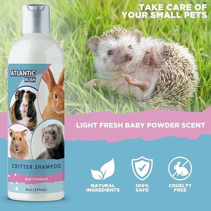 Critter Shampoo for Small Pets - 8oz Small Animal Baby Powder Scented Shampoo - Pet Shampoo for Small Critters Including Ferrets, Guinea Pigs, Rabbits, Hedgehogs, Hamsters & Sugar Gliders-PawvioPets